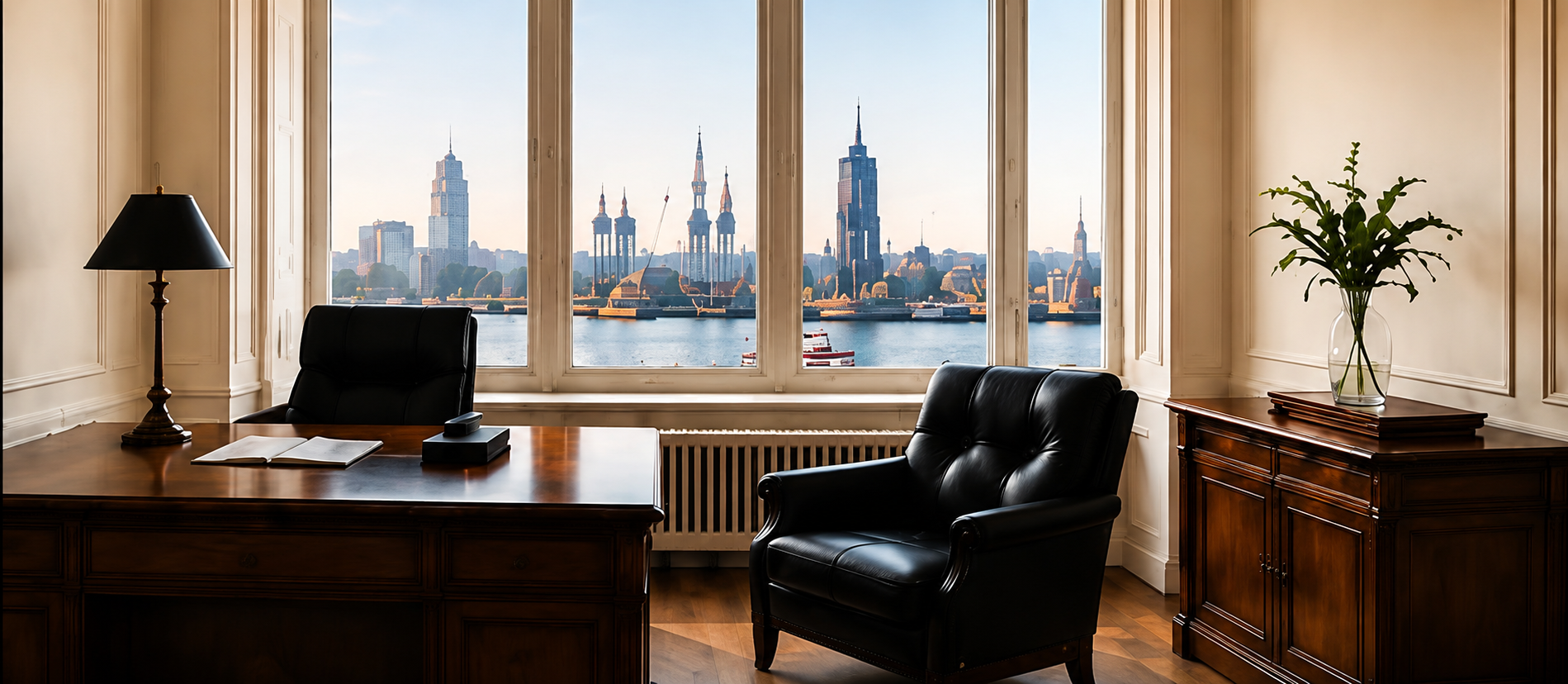 Stilvolles Büro mit Blick auf die Hamburger Skyline